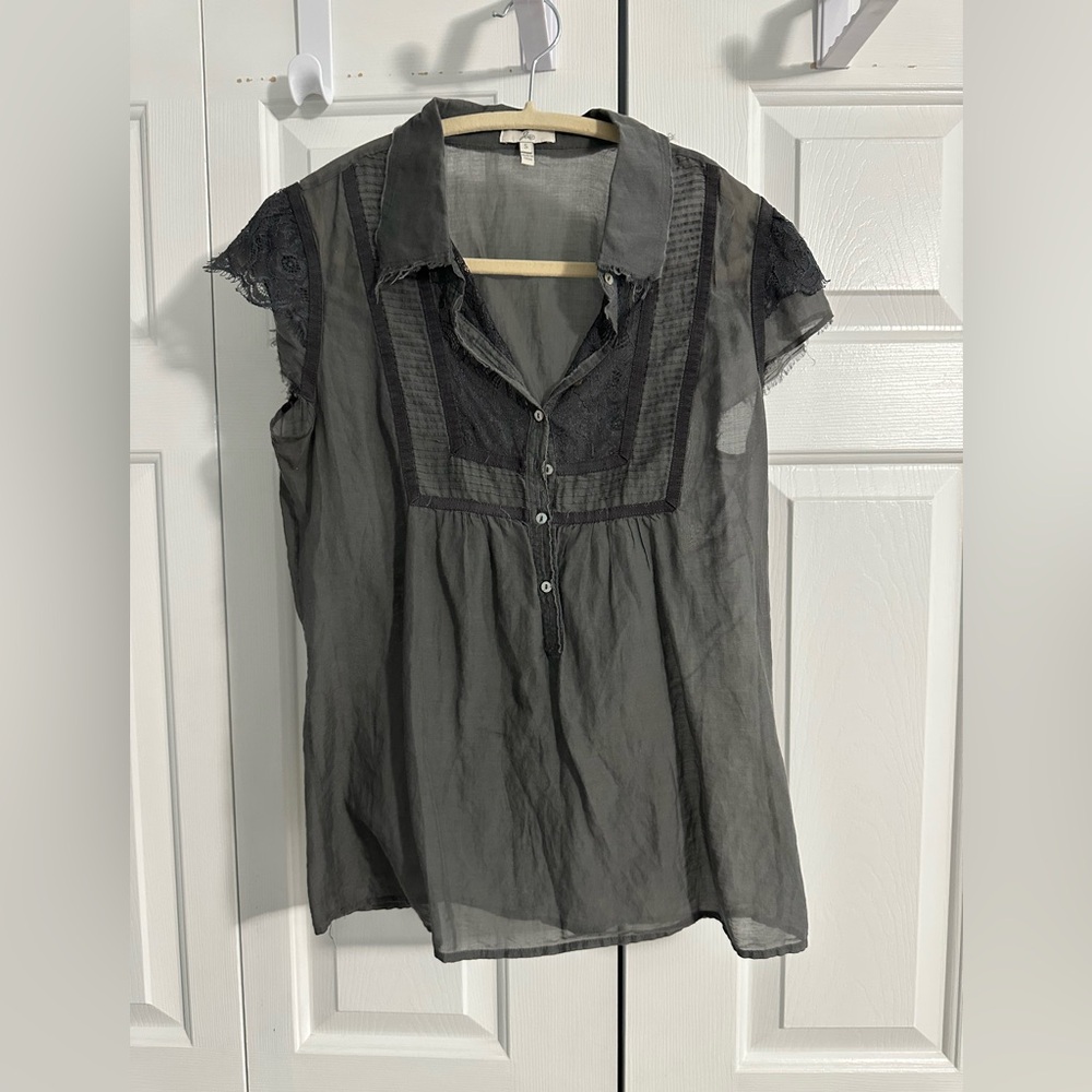 Joie Sheer Lace-Trim Cap Sleeve Women’s Top in Charcoal Gray
